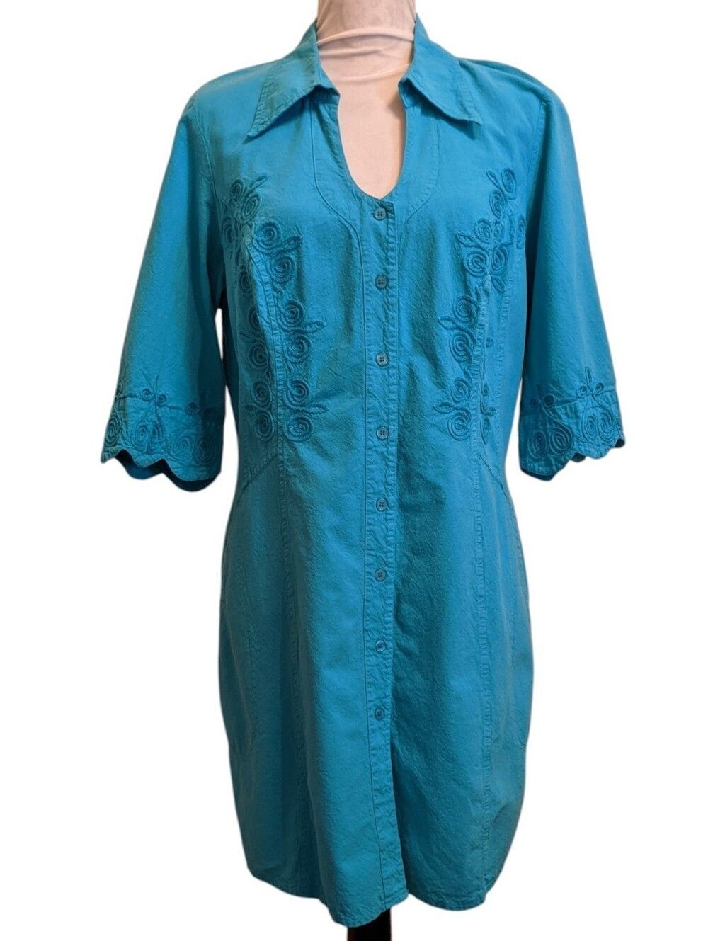 Turquoise Embroidered Button-Front Tunic Dress Cotton XL